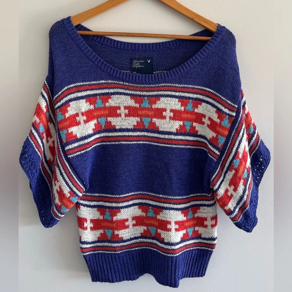 American Eagle Womens Outfitters Boho Knit Top Short Sleeve Festival Retro Sz S